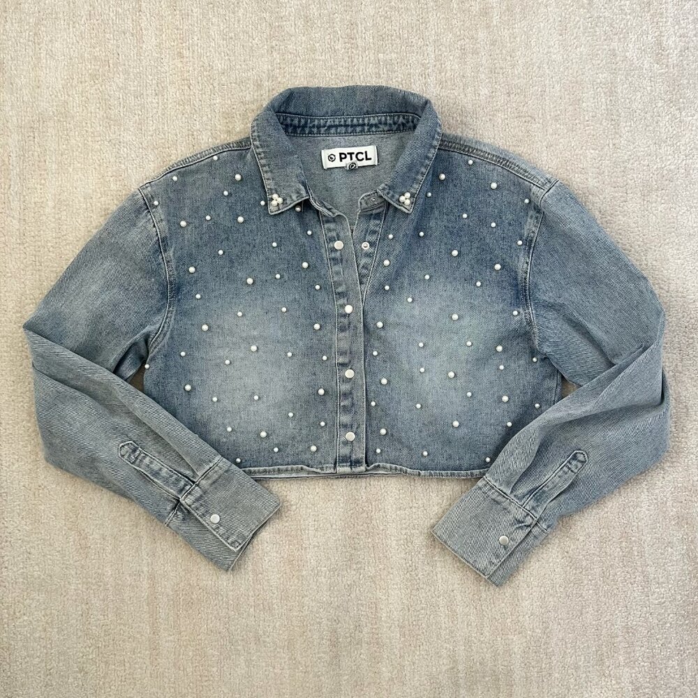 PTCL Pearl Blue Cropped Long Sleeve Shirt Top Shacket L